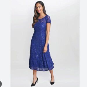 NWT Royal Blue Demi Cap Sleeve Midi Length Sequin Lace Dress--302